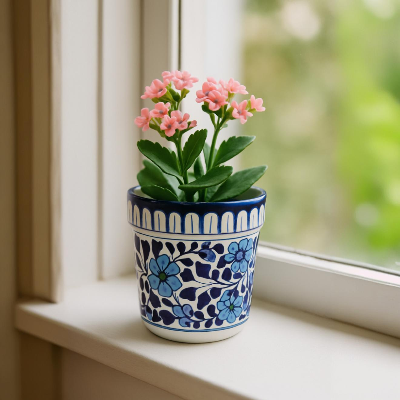 Potted plant with pink flowers in a blue and white decorative pot on a windowsill.