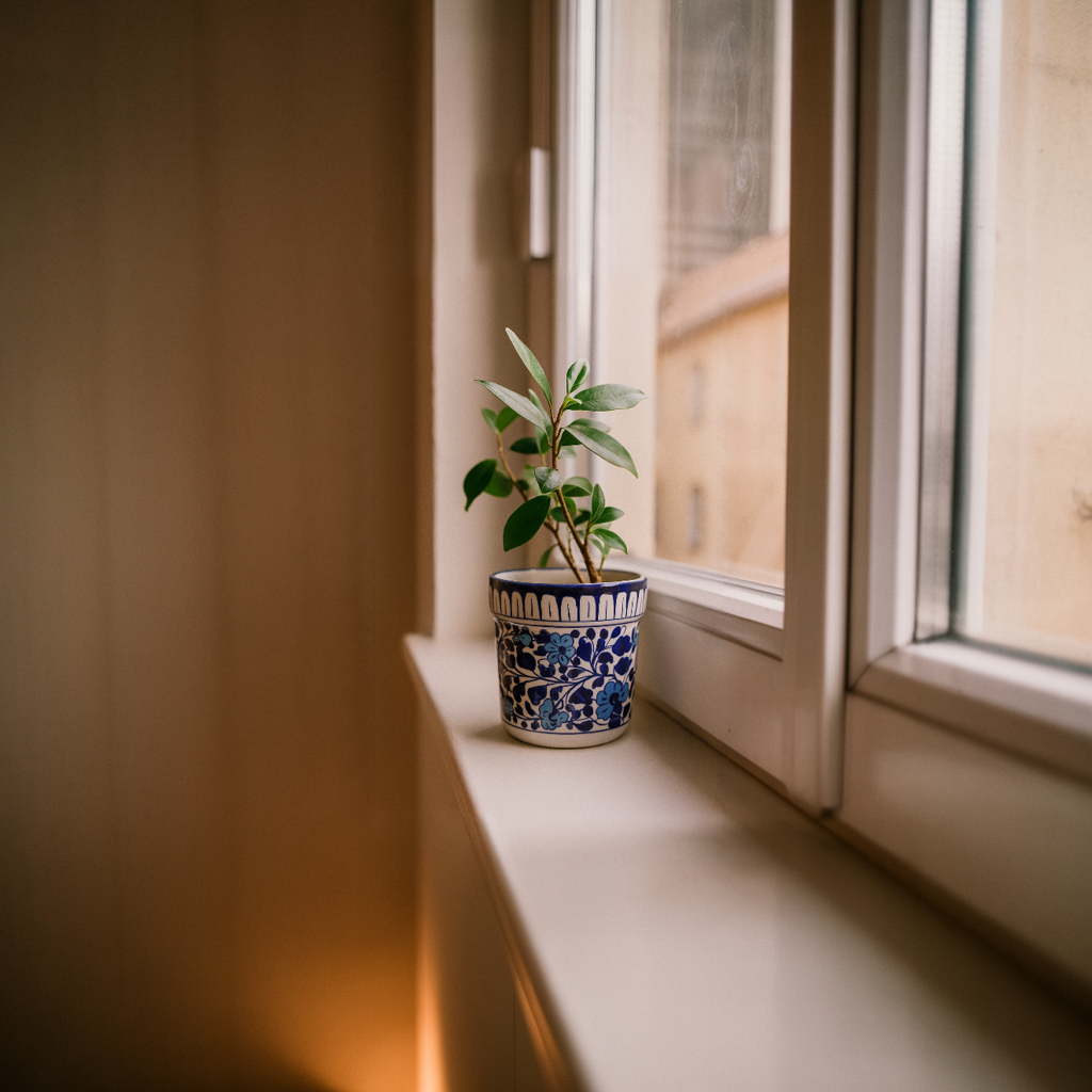 Potted plant on a windowsill with a warm glow