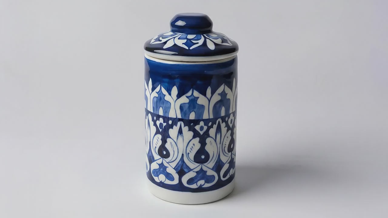 Handcrafted Multani Blue Pottery Jar with Lid — 6″ x 3.5″ Ceramic Storage & Decor