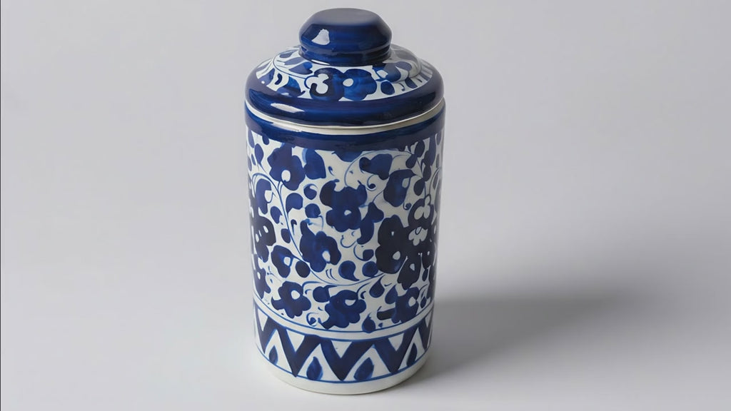 Hand-Painted Multani Blue Pottery Jar with Lid — 6″ x 3.5″
