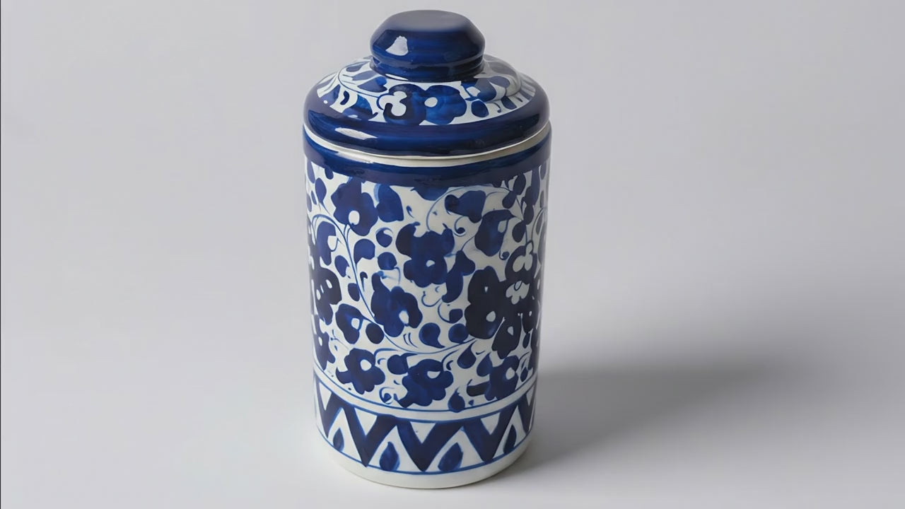 Hand-Painted Multani Blue Pottery Jar with Lid — 6″ x 3.5″