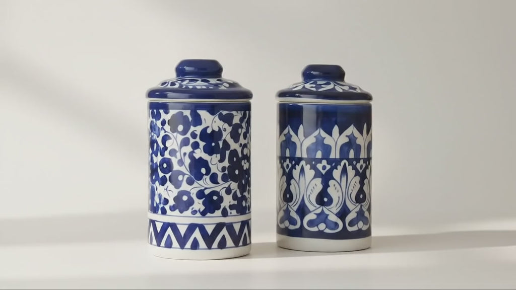 Set of 2 Blue Pottery Ceramic Jars with Lids — 6″ × 3.5″