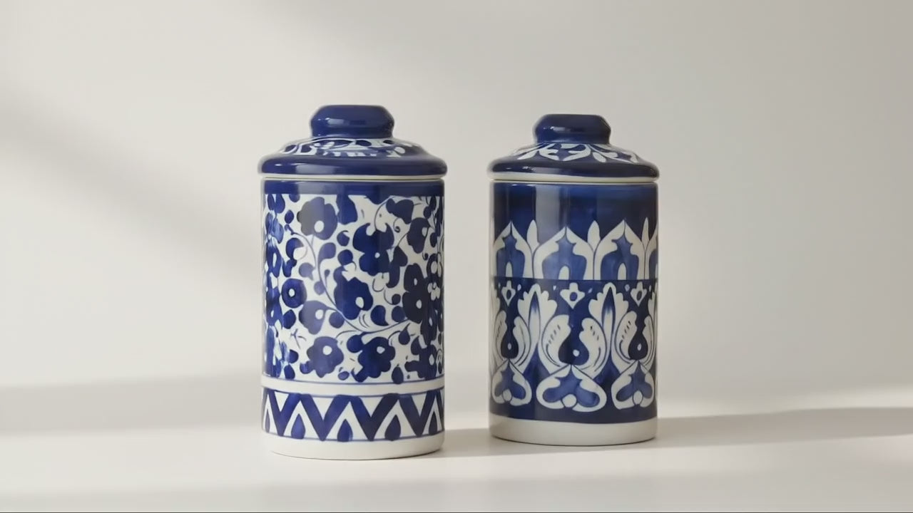 Set of 2 Blue Pottery Ceramic Jars with Lids — 6″ × 3.5″