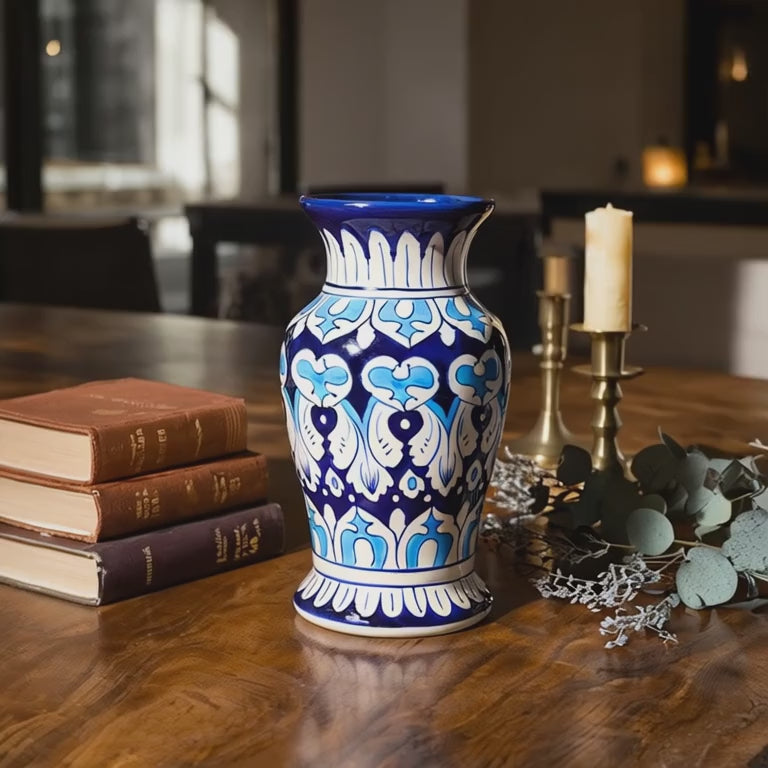 Traditional Multani Blue Pottery Vase – 9" Handcrafted Ceramic Floral Decor