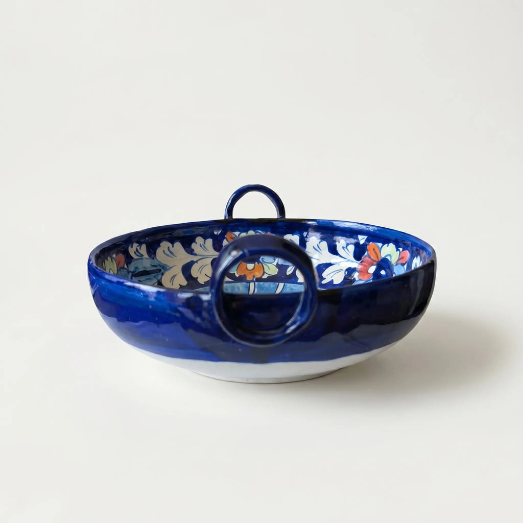 Multani Blue Pottery Karahi Serving Dish – Handcrafted 9 Inch Ceramic Serving Bowl with Multicolor Floral Design (2 Inch Deep)