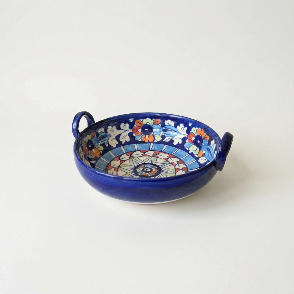 Multani Blue Pottery Karahi Serving Dish – Handcrafted 9 Inch Ceramic Serving Bowl with Multicolor Floral Design (2 Inch Deep)