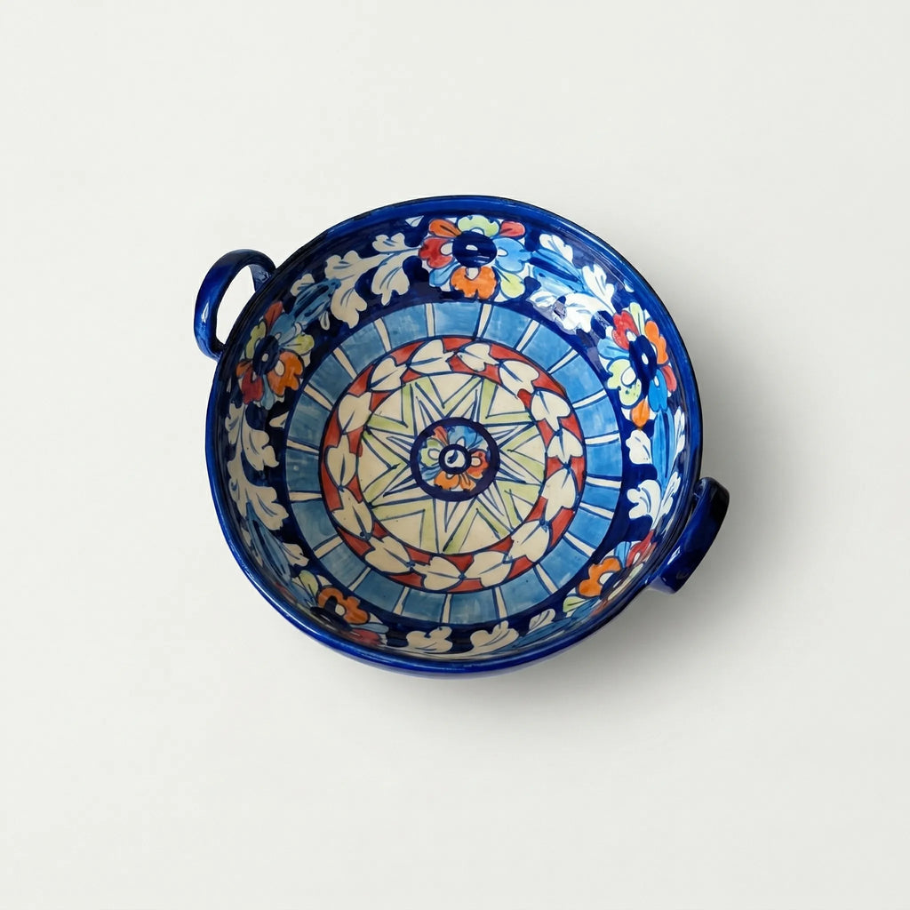 Multani Blue Pottery Karahi Serving Dish – Handcrafted 9 Inch Ceramic Serving Bowl with Multicolor Floral Design (2 Inch Deep)