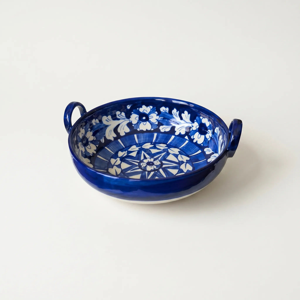 Multani Blue Pottery Karahi Serving Dish – Handcrafted 9 Inch Ceramic Serving Bowl with Classic Blue Floral & Geometric Design (2 Inch Deep)