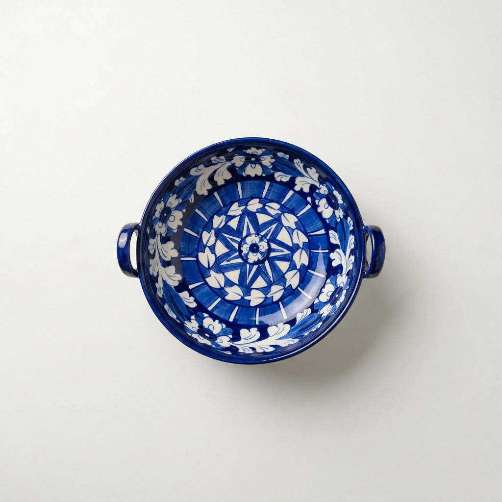 Multani Blue Pottery Karahi Serving Dish – Handcrafted 9 Inch Ceramic Serving Bowl with Classic Blue Floral & Geometric Design (2 Inch Deep)