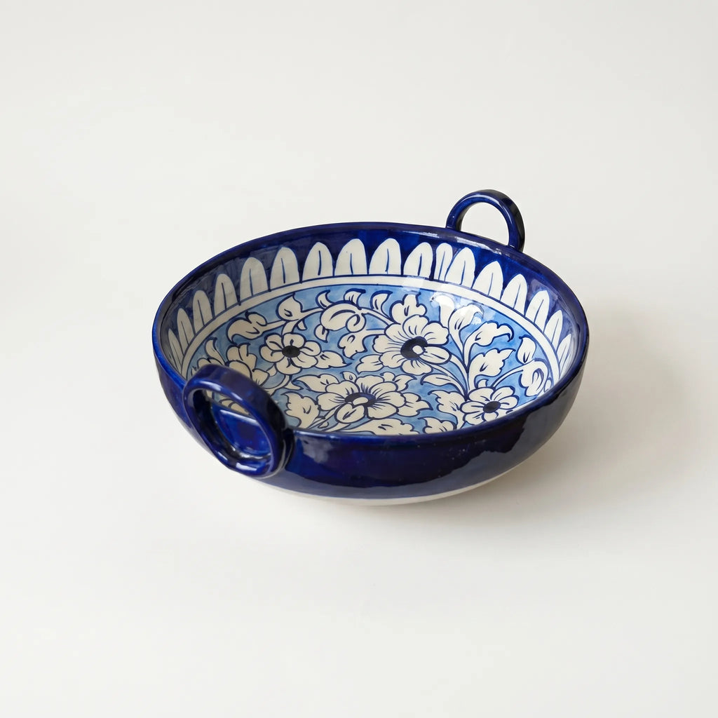 Multani Blue Pottery Karahi Serving Dish – Handcrafted 9 Inch Ceramic Serving Bowl with Classic Floral Border Design (2 Inch Deep)