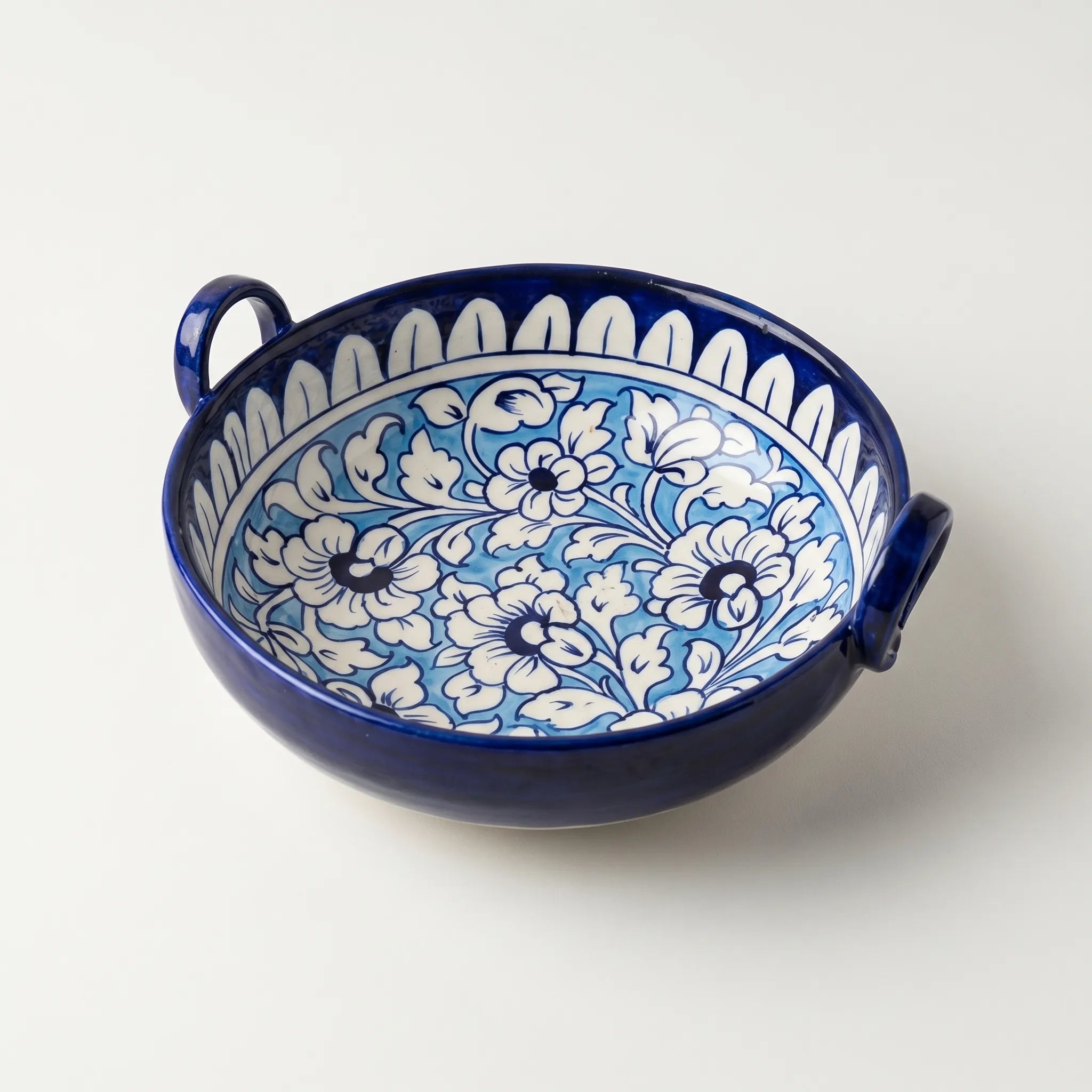 Multani Blue Pottery Karahi Serving Dish – Handcrafted 9 Inch Ceramic Serving Bowl with Classic Floral Border Design (2 Inch Deep)