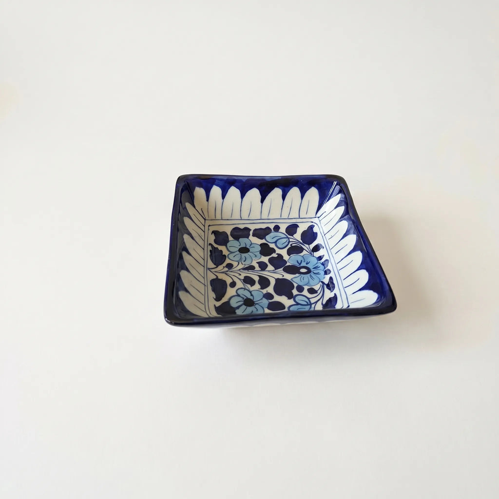 Multani Blue Pottery Square Serving Bowl – Handcrafted 5 Inch Ceramic Bowl with Floral Design (2 Inch Deep)