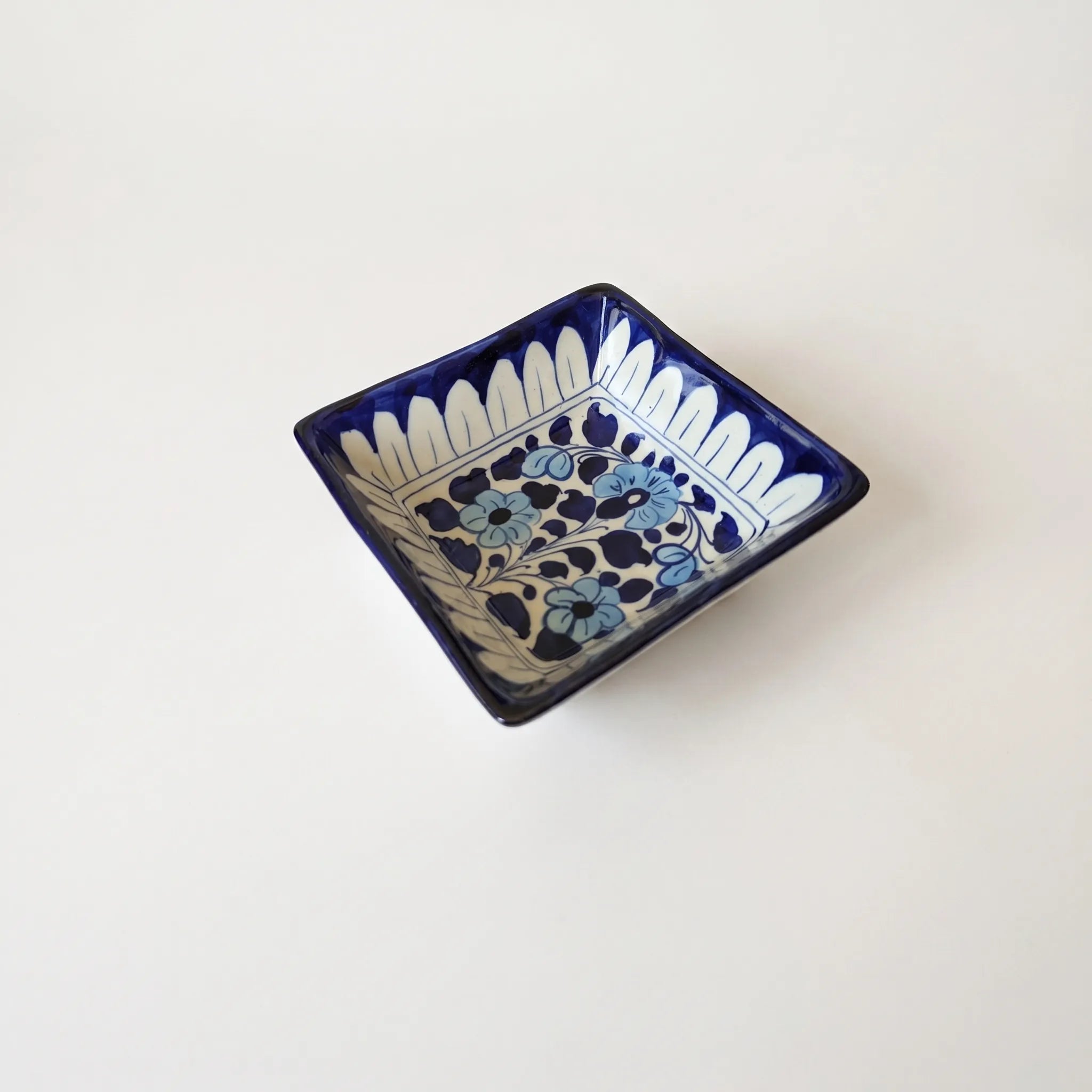 Multani Blue Pottery Square Serving Bowl – Handcrafted 5 Inch Ceramic Bowl with Floral Design (2 Inch Deep)
