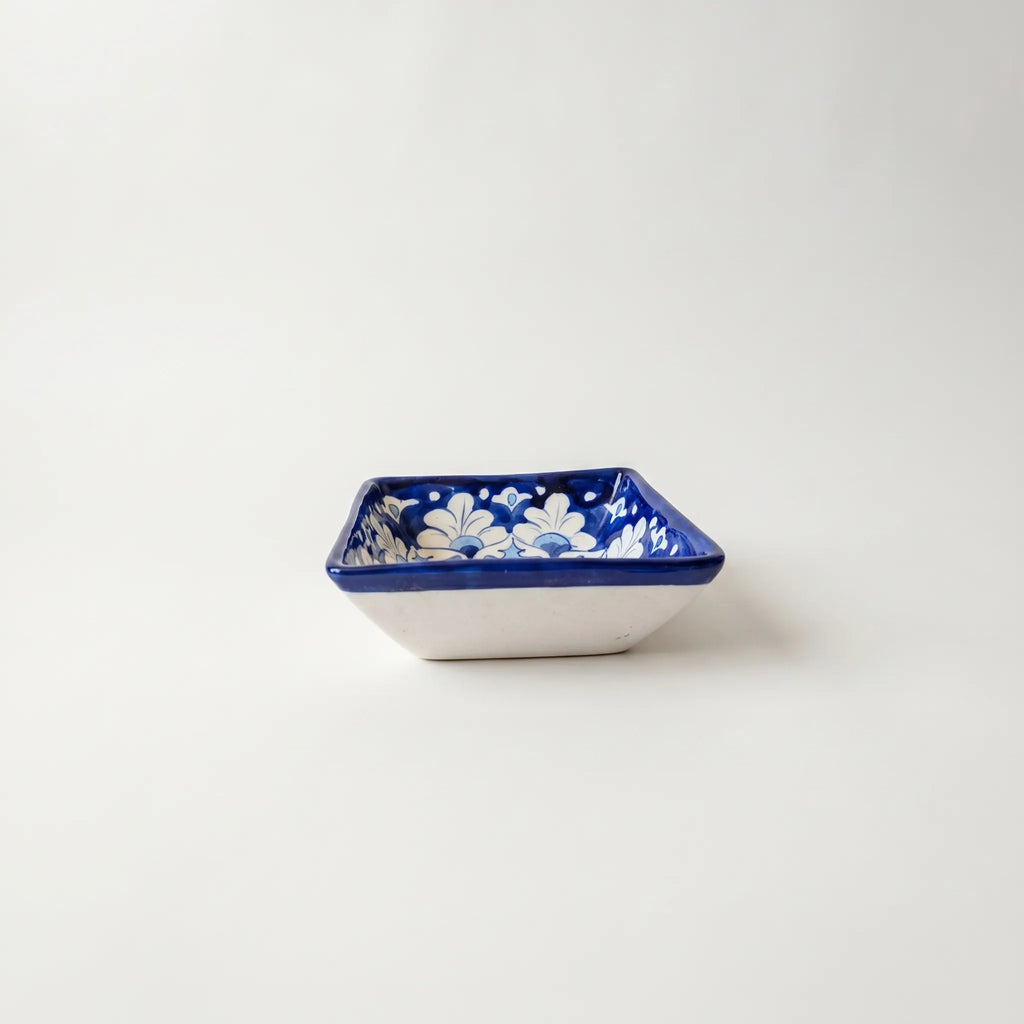 Multani Blue Pottery Square Serving Bowl – Handcrafted 5 Inch Ceramic Bowl with Floral & Geometric Design (2 Inch Deep)