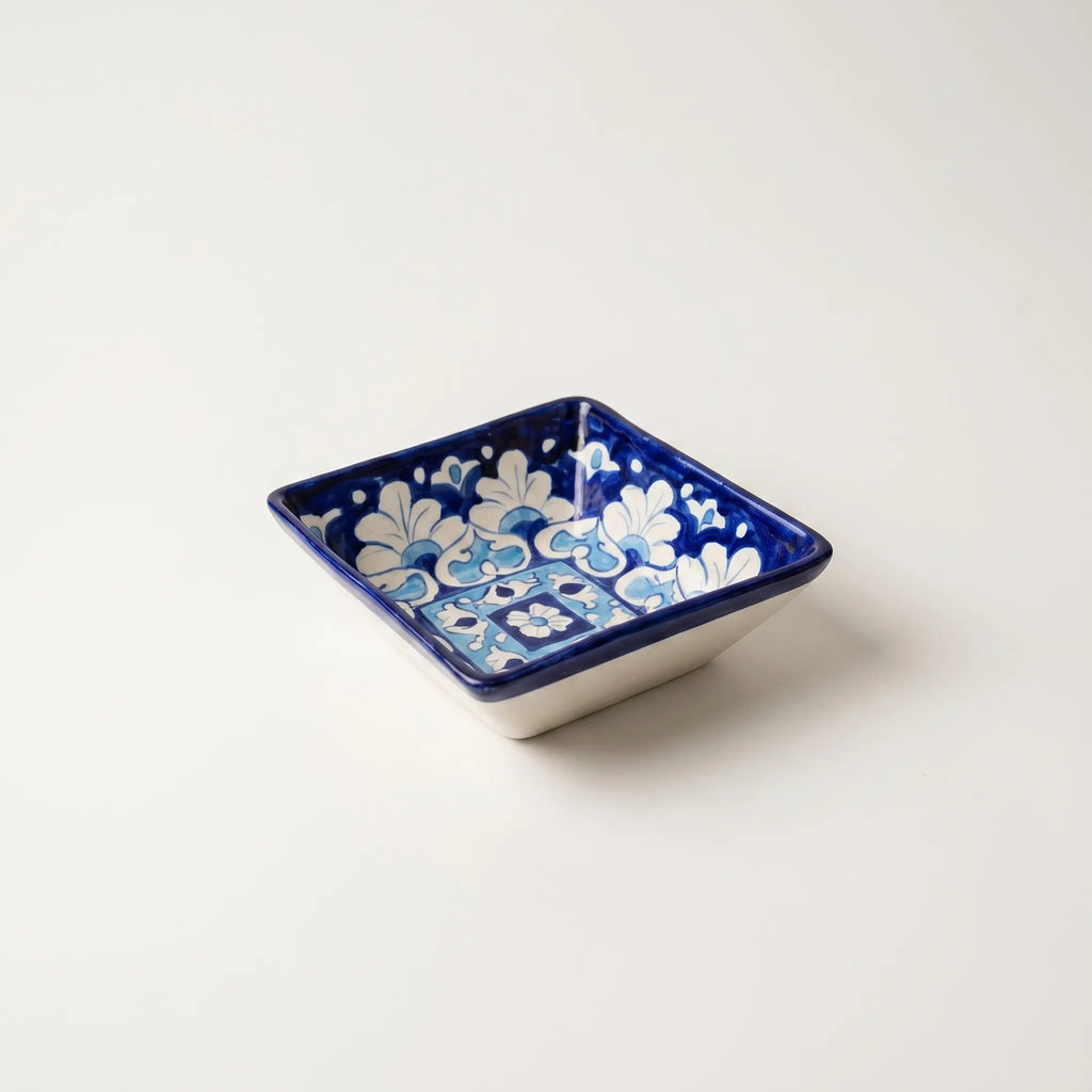 Multani Blue Pottery Square Serving Bowl – Handcrafted 5 Inch Ceramic Bowl with Floral & Geometric Design (2 Inch Deep)