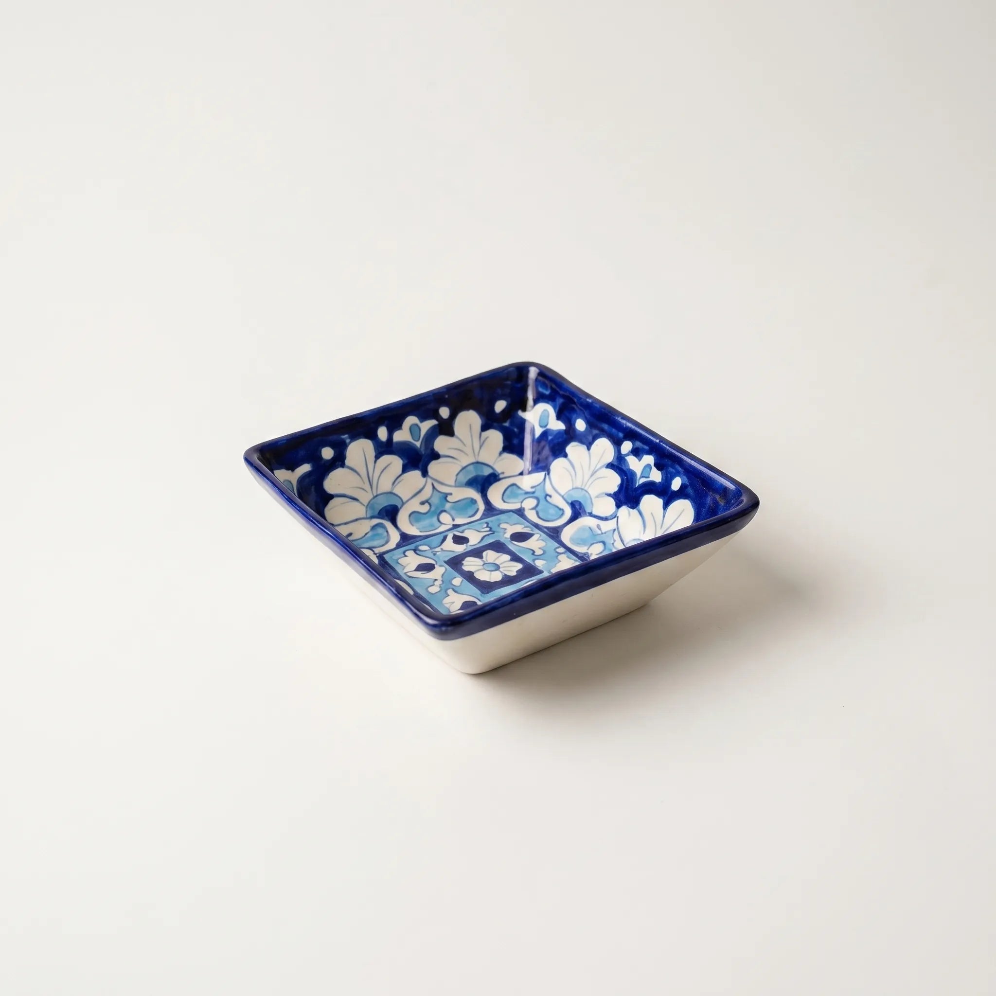 Multani Blue Pottery Square Serving Bowl – Handcrafted 5 Inch Ceramic Bowl with Floral & Geometric Design (2 Inch Deep)