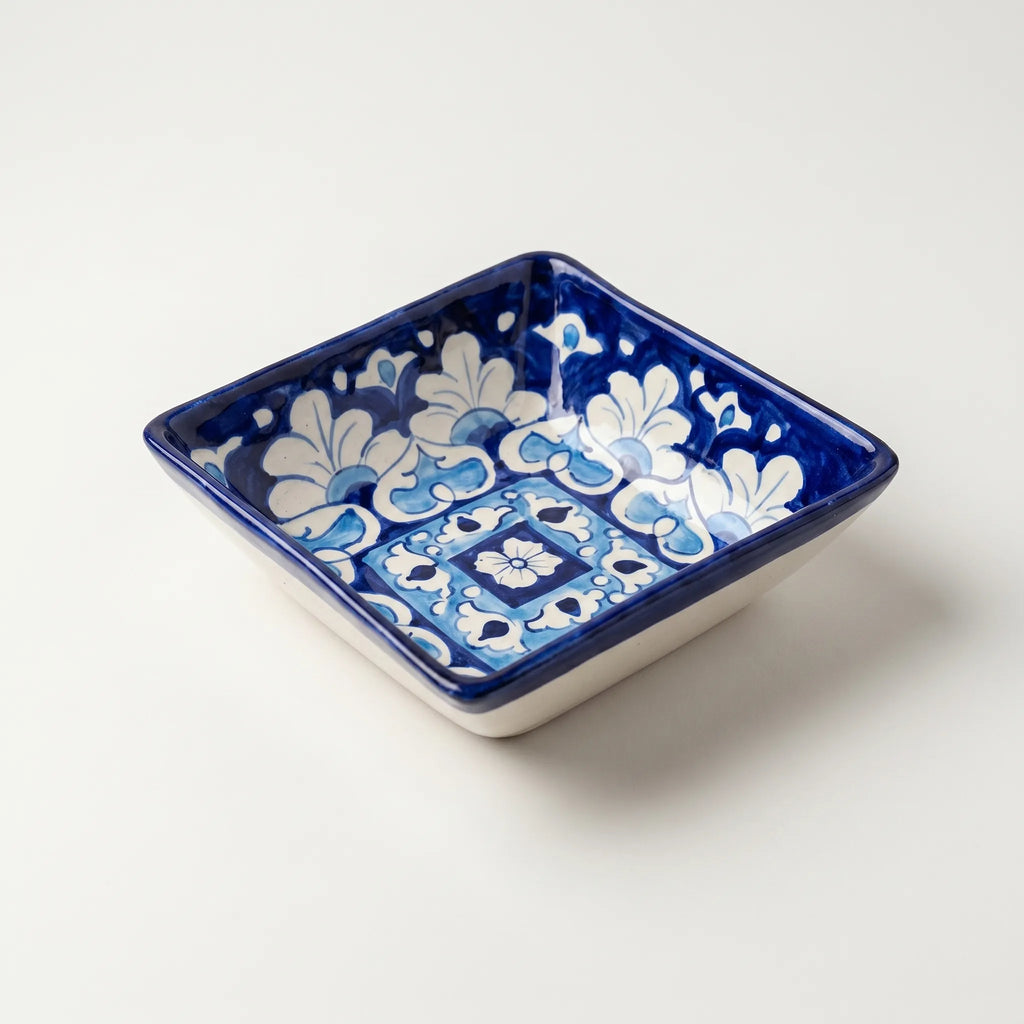 Multani Blue Pottery Square Serving Bowl – Handcrafted 5 Inch Ceramic Bowl with Floral & Geometric Design (2 Inch Deep)