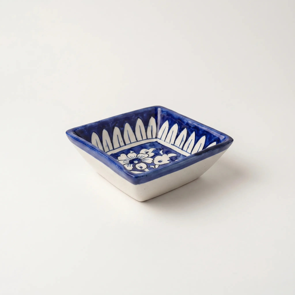 Multani Blue Pottery Square Serving Bowl – Handcrafted 5 Inch Ceramic Bowl with Classic Floral Design (2 Inch Deep)