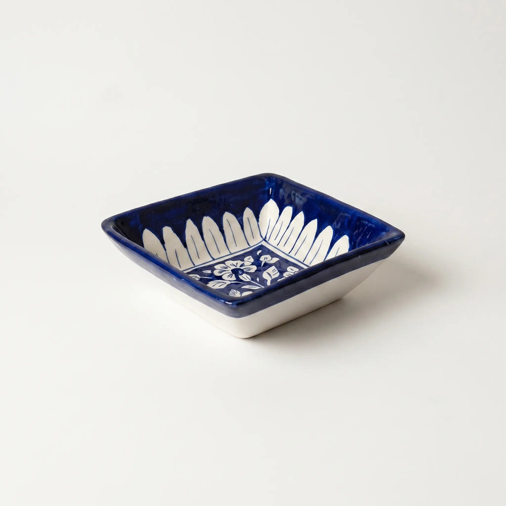 Multani Blue Pottery Square Serving Bowl – Handcrafted 5 Inch Ceramic Bowl with Classic Floral Design (2 Inch Deep)