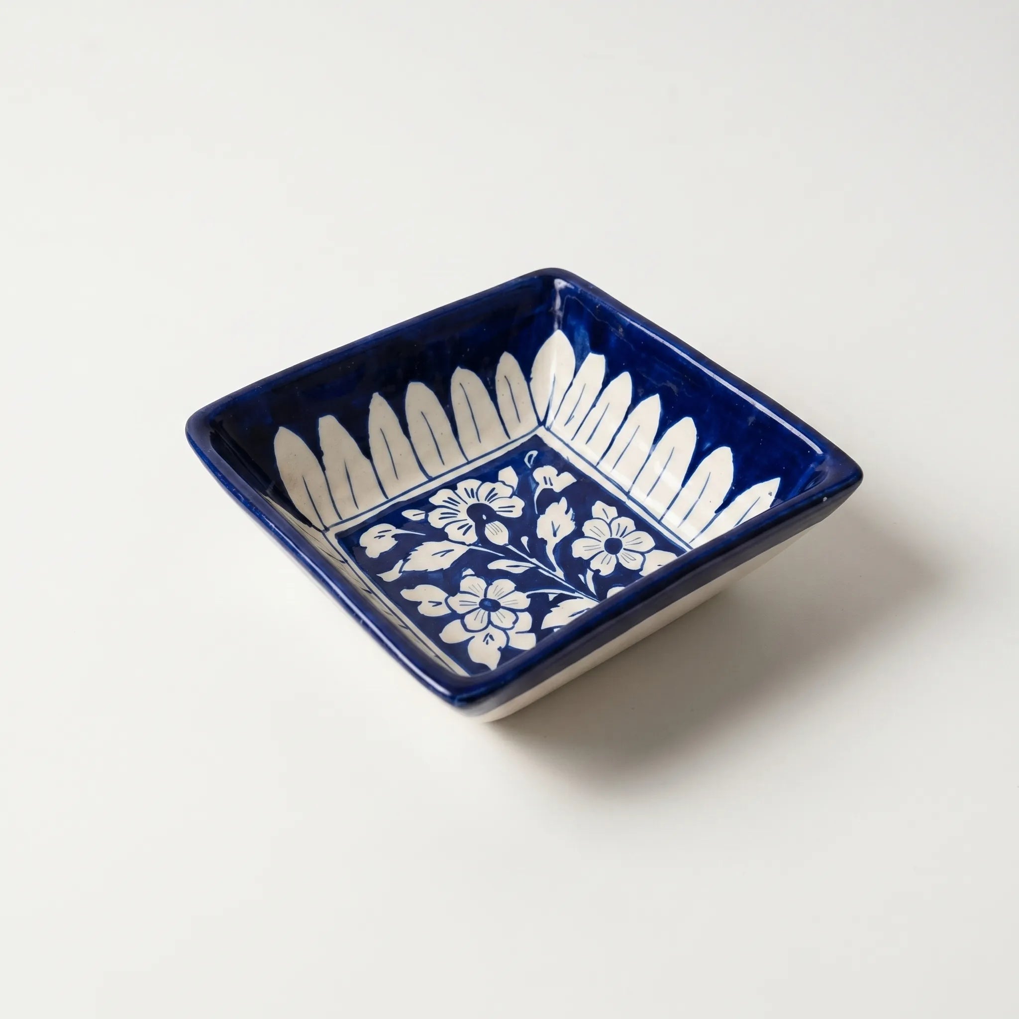 Multani Blue Pottery Square Serving Bowl – Handcrafted 5 Inch Ceramic Bowl with Classic Floral Design (2 Inch Deep)