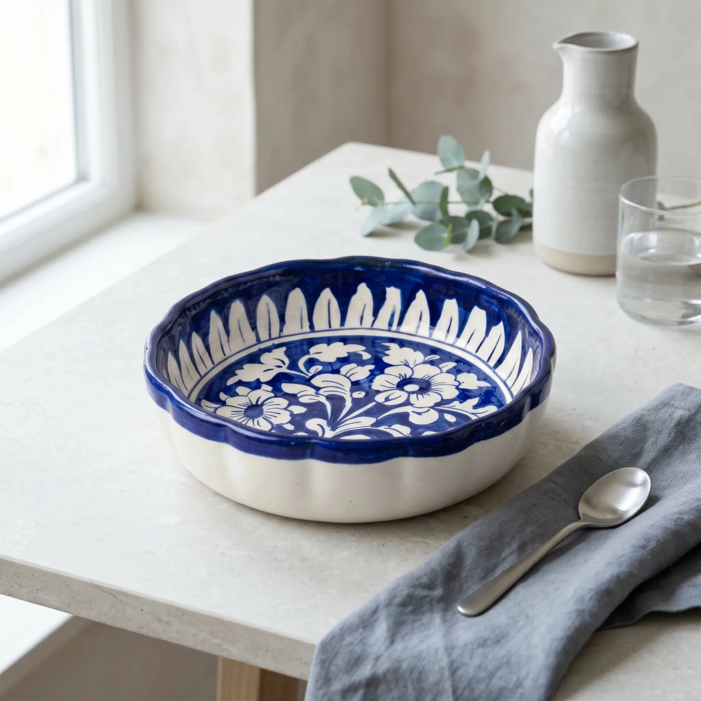 Multani Blue Pottery Apple Pie Dish – Handcrafted 8 Inch Ceramic Serving Dish with Floral Design (2 Inch Deep)