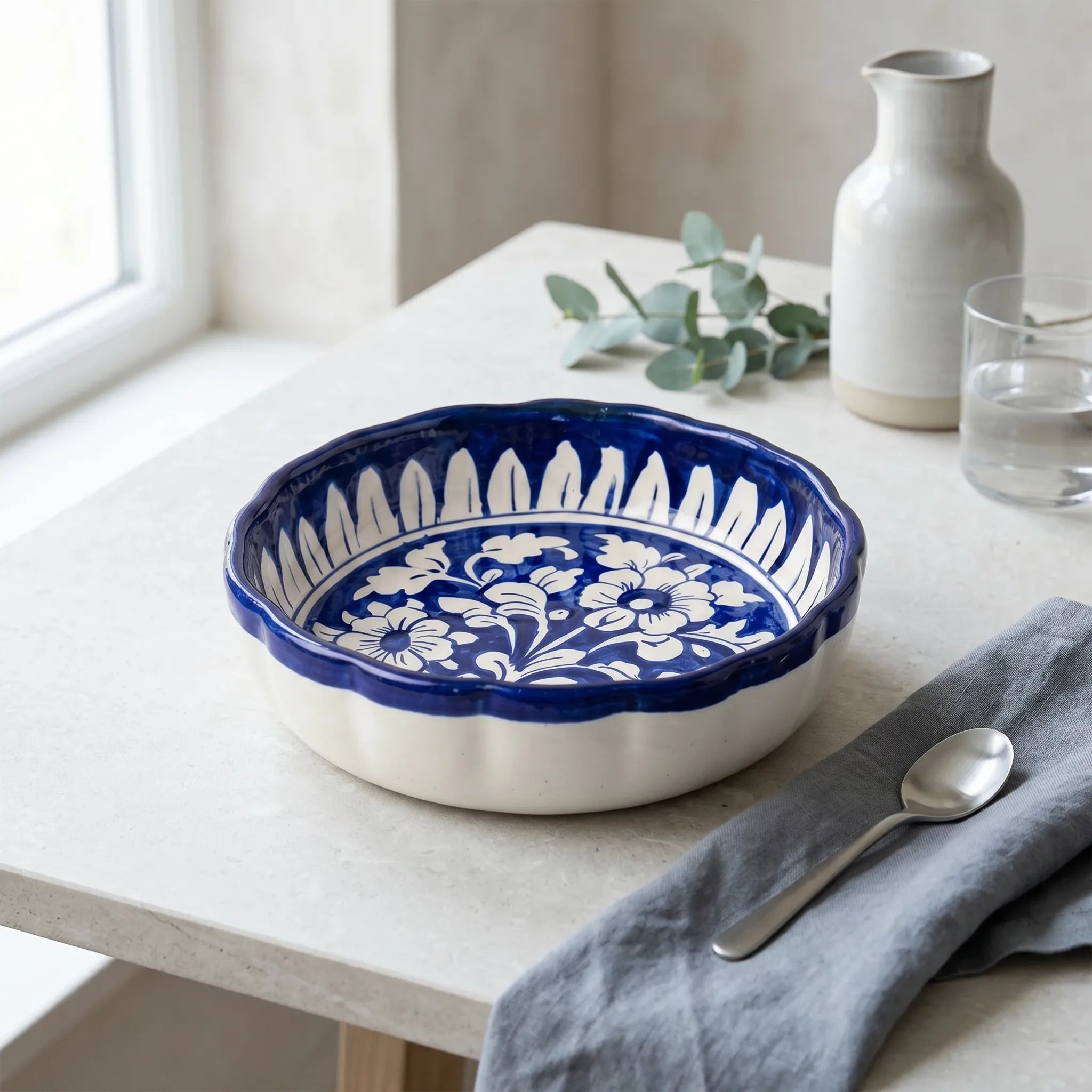 Multani Blue Pottery Apple Pie Dish – Handcrafted 8 Inch Ceramic Serving Dish with Floral Design (2 Inch Deep)