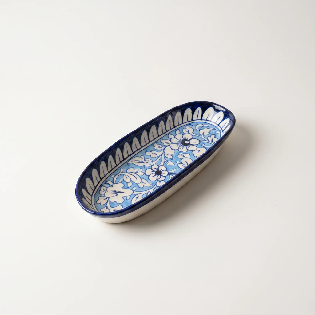 Multani Blue Pottery Oval Serving Dish – Handmade Ceramic Snack & BBQ Platter (12 x 5 Inch)