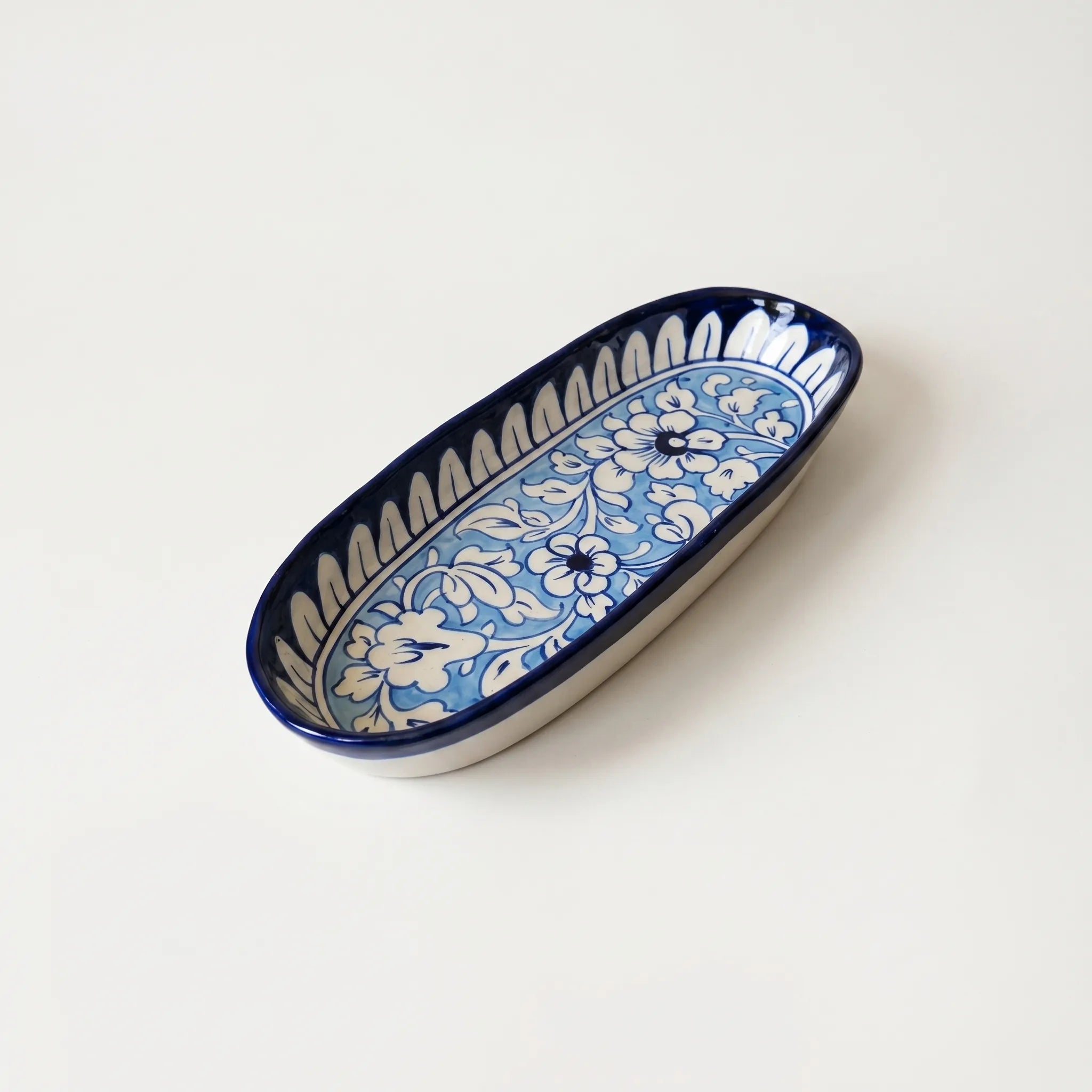 Multani Blue Pottery Oval Serving Dish – Handmade Ceramic Snack & BBQ Platter (12 x 5 Inch)