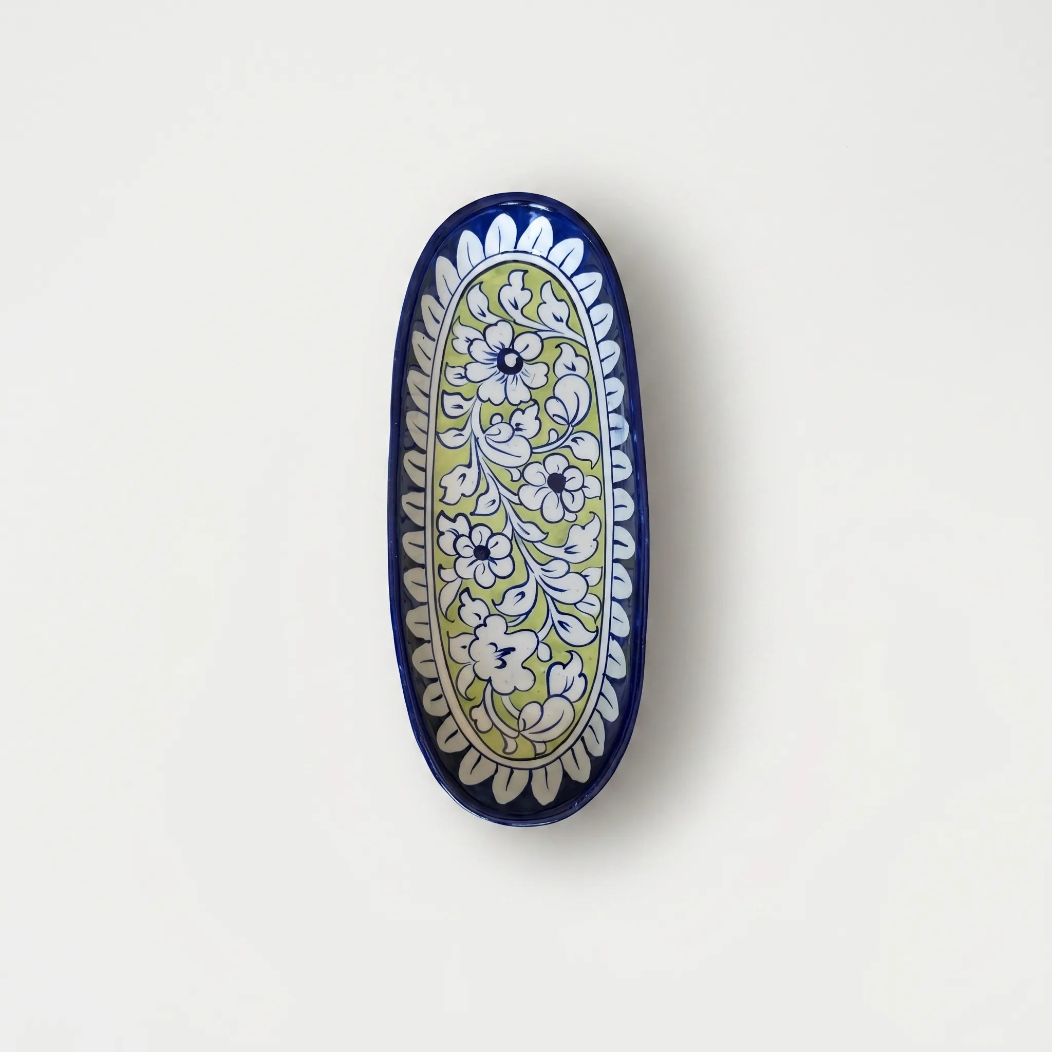 Multani Blue Pottery Oval Serving Dish – Hand-Painted Ceramic Snack & BBQ Platter (12 x 5 Inch, Floral Lime Accent)