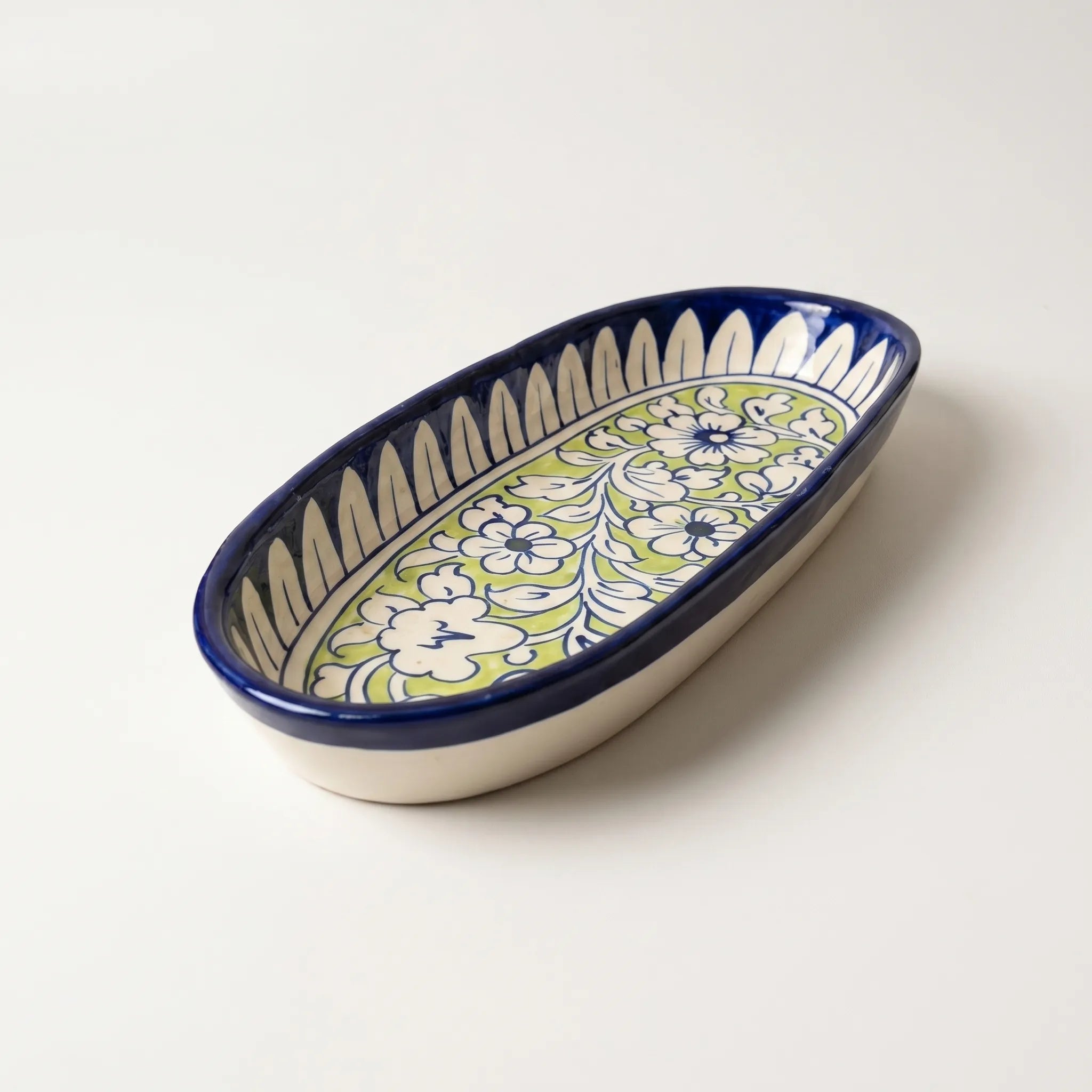 Multani Blue Pottery Oval Serving Dish – Hand-Painted Ceramic Snack & BBQ Platter (12 x 5 Inch, Floral Lime Accent)