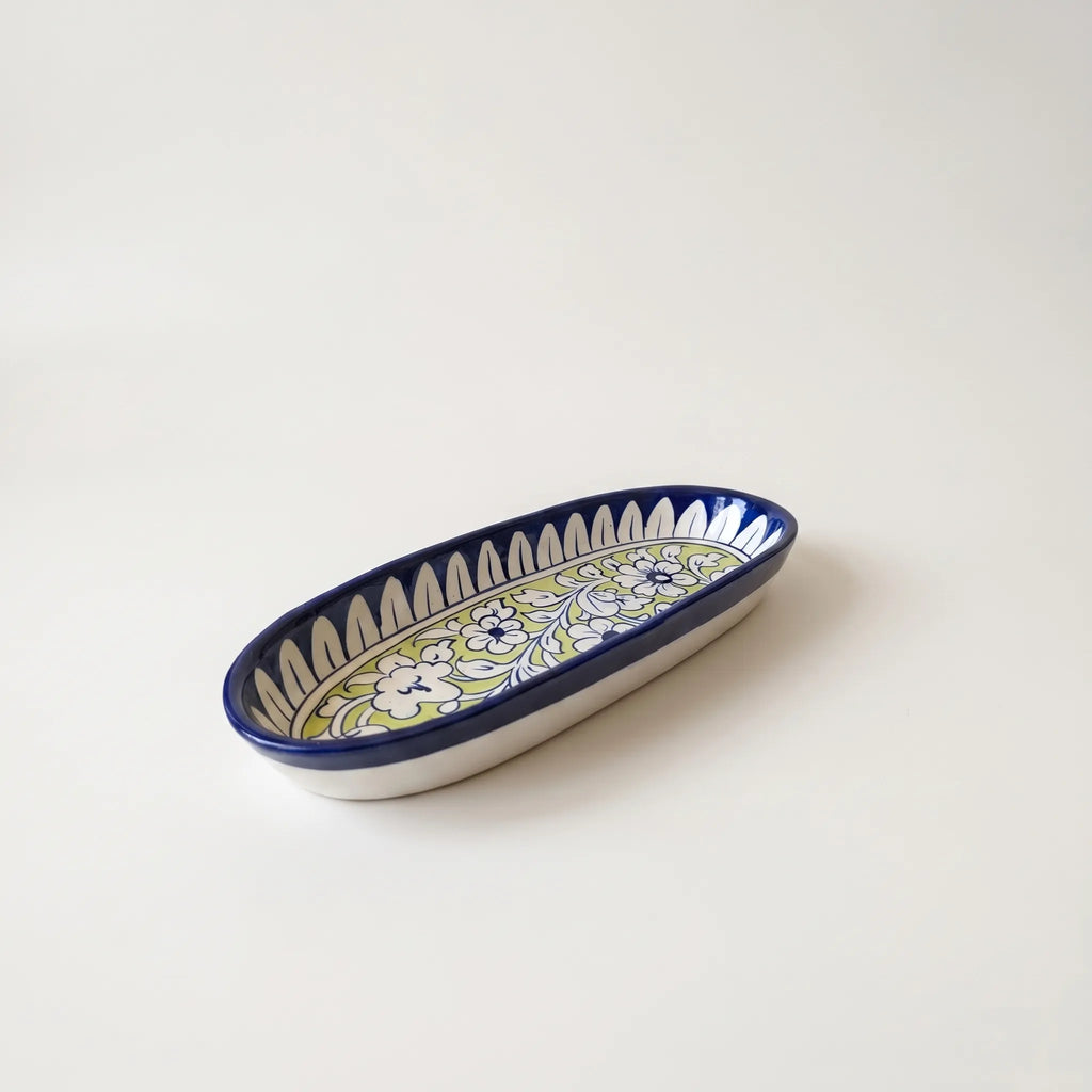 Multani Blue Pottery Oval Serving Dish – Hand-Painted Ceramic Snack & BBQ Platter (12 x 5 Inch, Floral Lime Accent)
