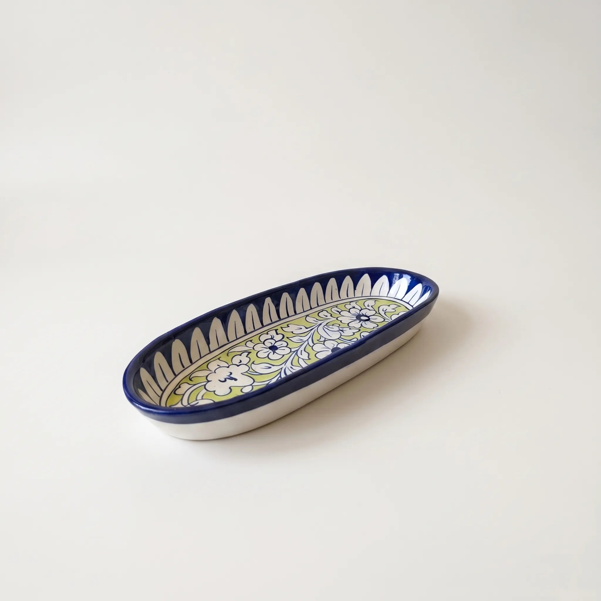 Multani Blue Pottery Oval Serving Dish – Hand-Painted Ceramic Snack & BBQ Platter (12 x 5 Inch, Floral Lime Accent)