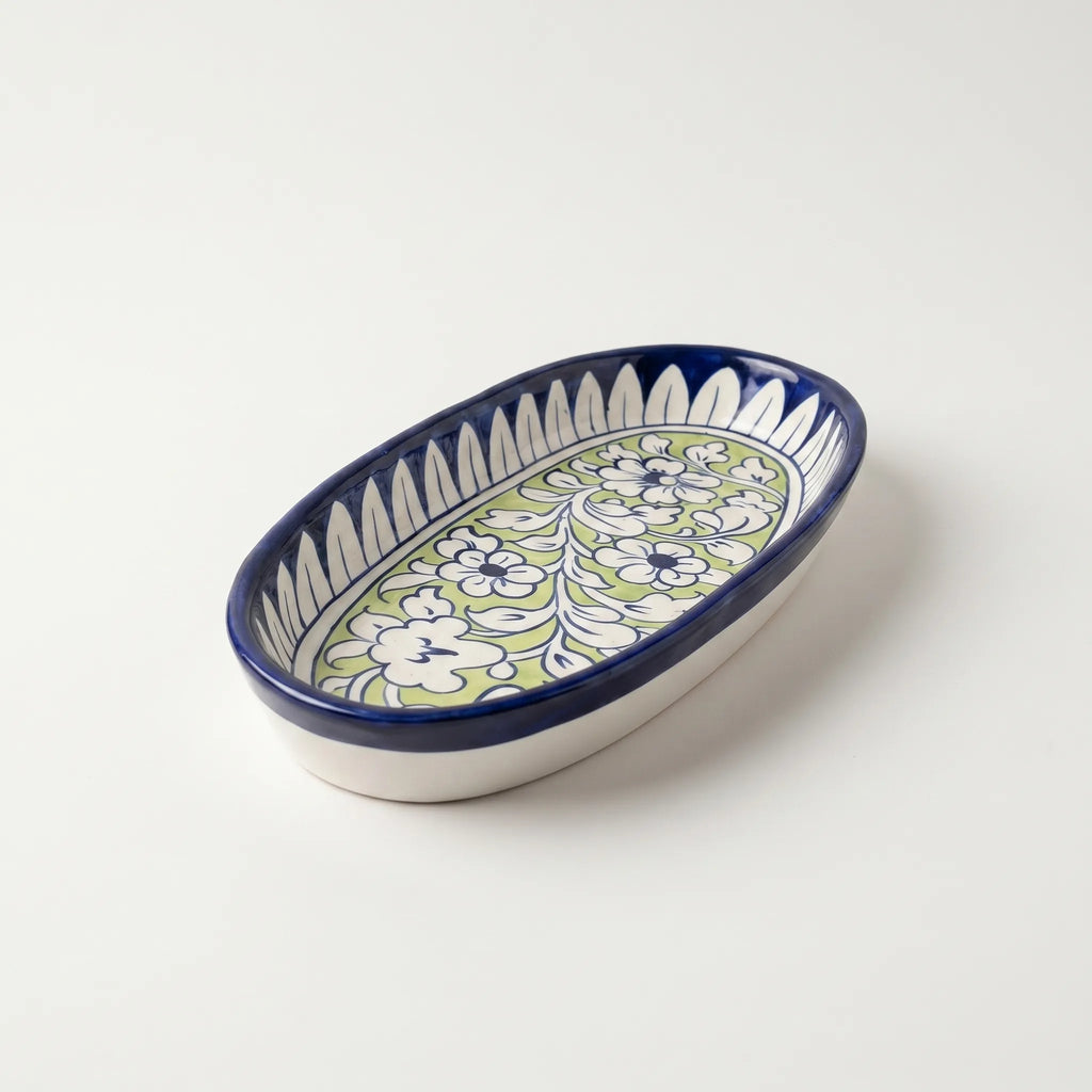 Multani Blue Pottery Oval Serving Dish – Hand-Painted Ceramic Snack & BBQ Platter (12 x 5 Inch, Floral Lime Accent)