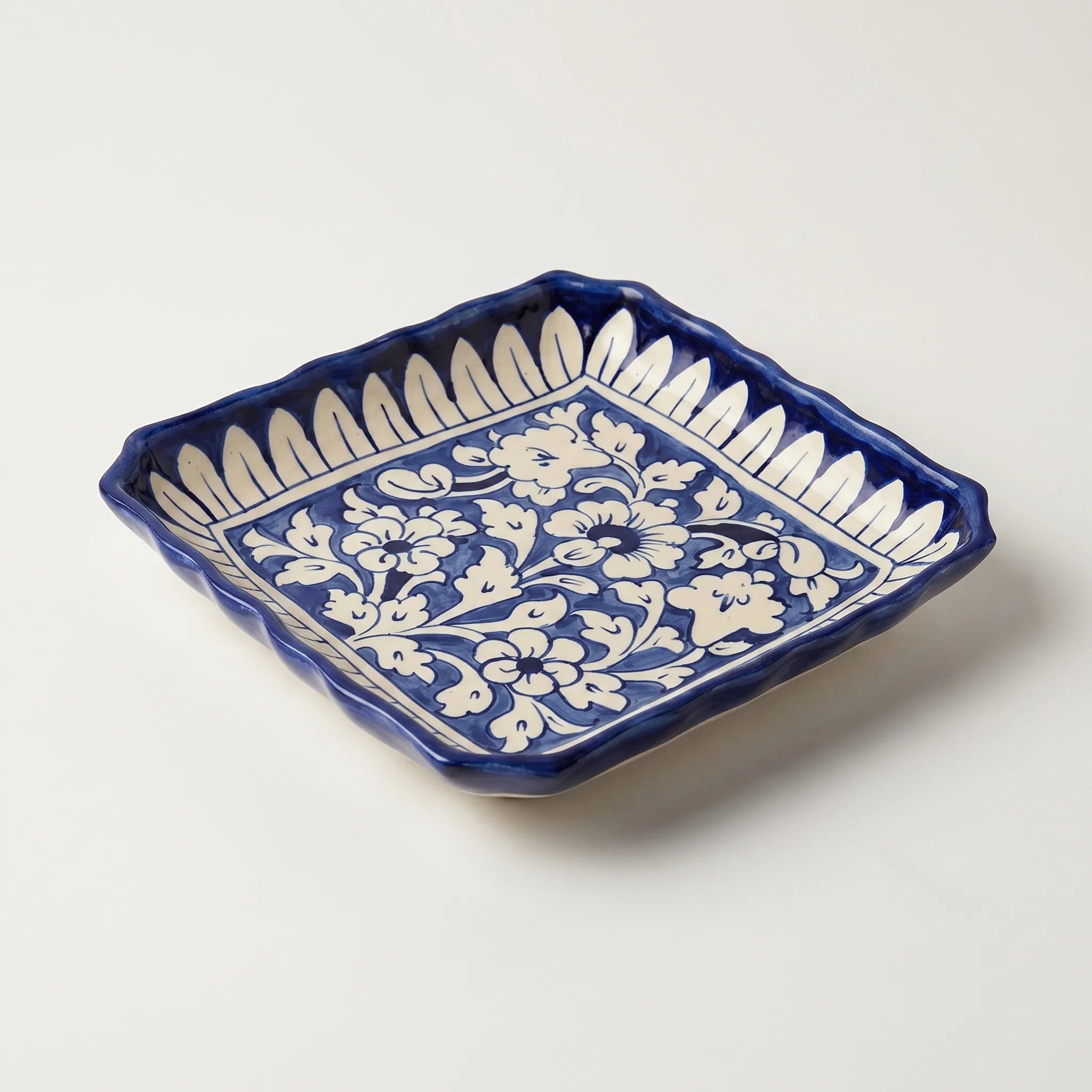 Multani Blue Pottery Square Serving Dish – Hand-Painted Ceramic Plate with Wavy Edges (8.5 Inch)