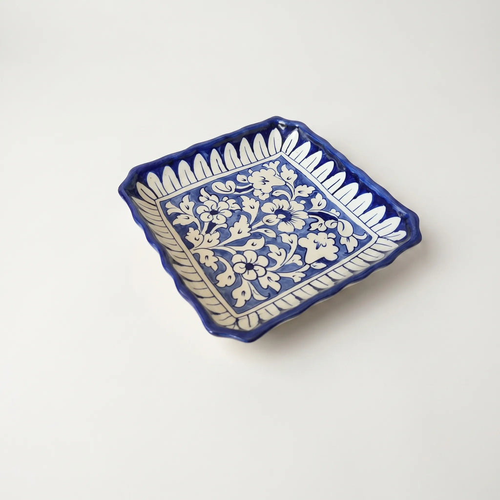 Multani Blue Pottery Square Serving Dish – Hand-Painted Ceramic Plate with Wavy Edges (8.5 Inch)