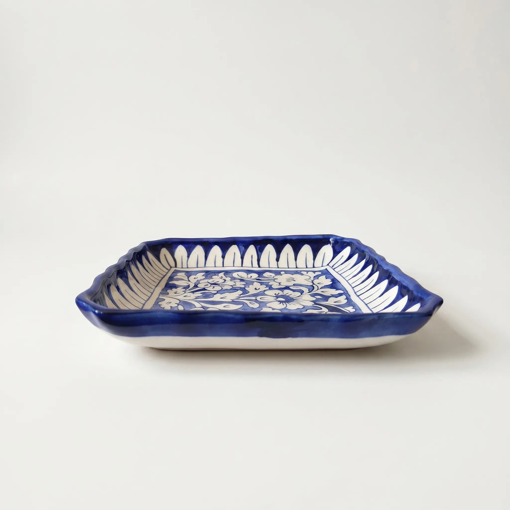 Multani Blue Pottery Square Serving Dish – Hand-Painted Ceramic Plate with Wavy Edges (8.5 Inch)