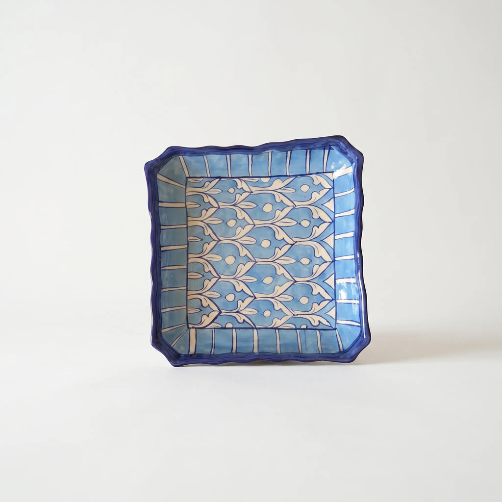 Multani Blue Pottery Square Serving Dish – Hand-Painted Ceramic Plate with Wavy Edges (8.5 Inch, Geometric Blue Design)