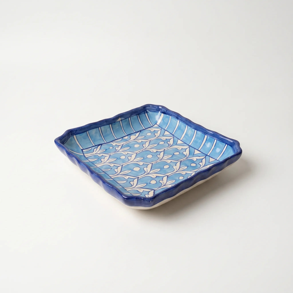 Multani Blue Pottery Square Serving Dish – Hand-Painted Ceramic Plate with Wavy Edges (8.5 Inch, Geometric Blue Design)