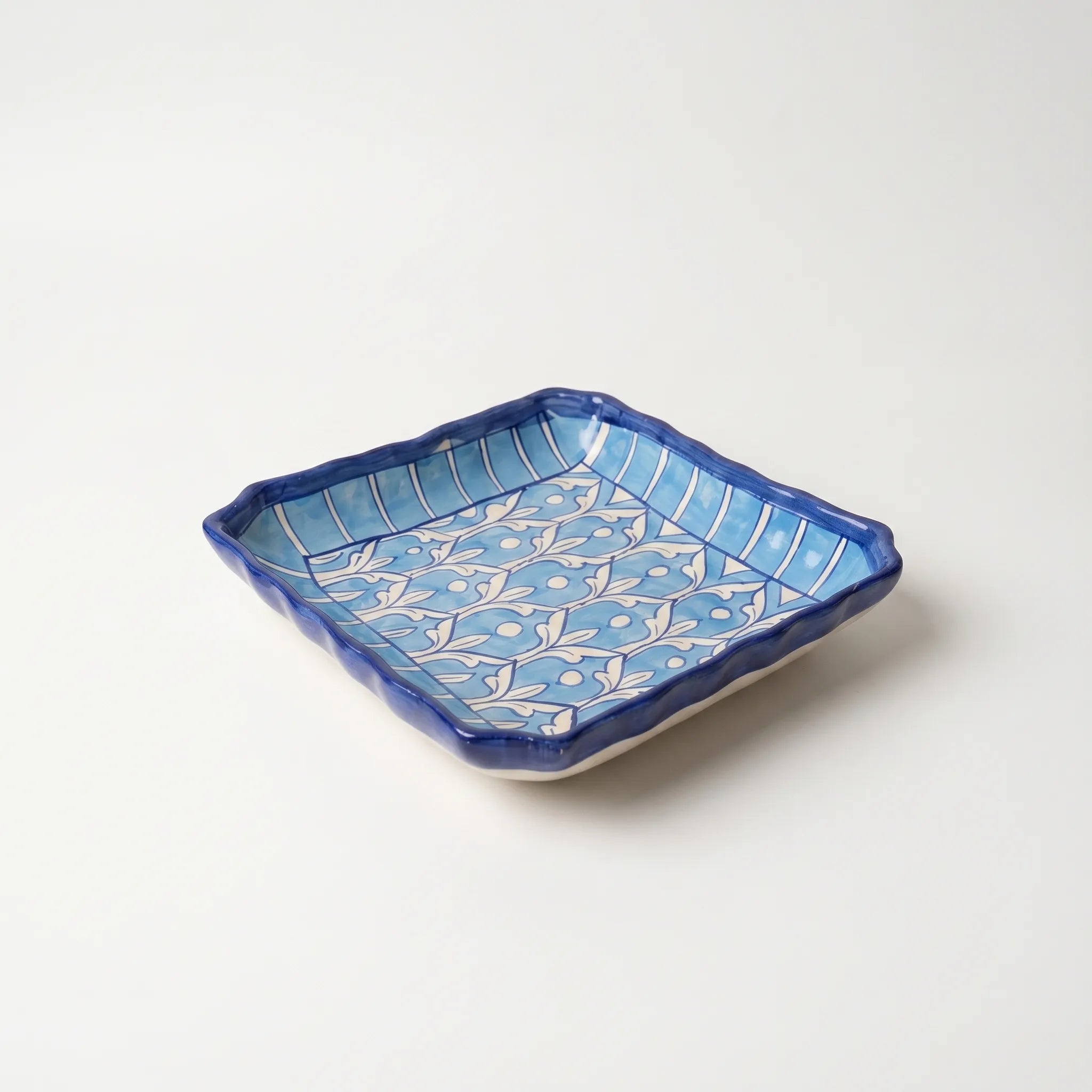 Multani Blue Pottery Square Serving Dish – Hand-Painted Ceramic Plate with Wavy Edges (8.5 Inch, Geometric Blue Design)