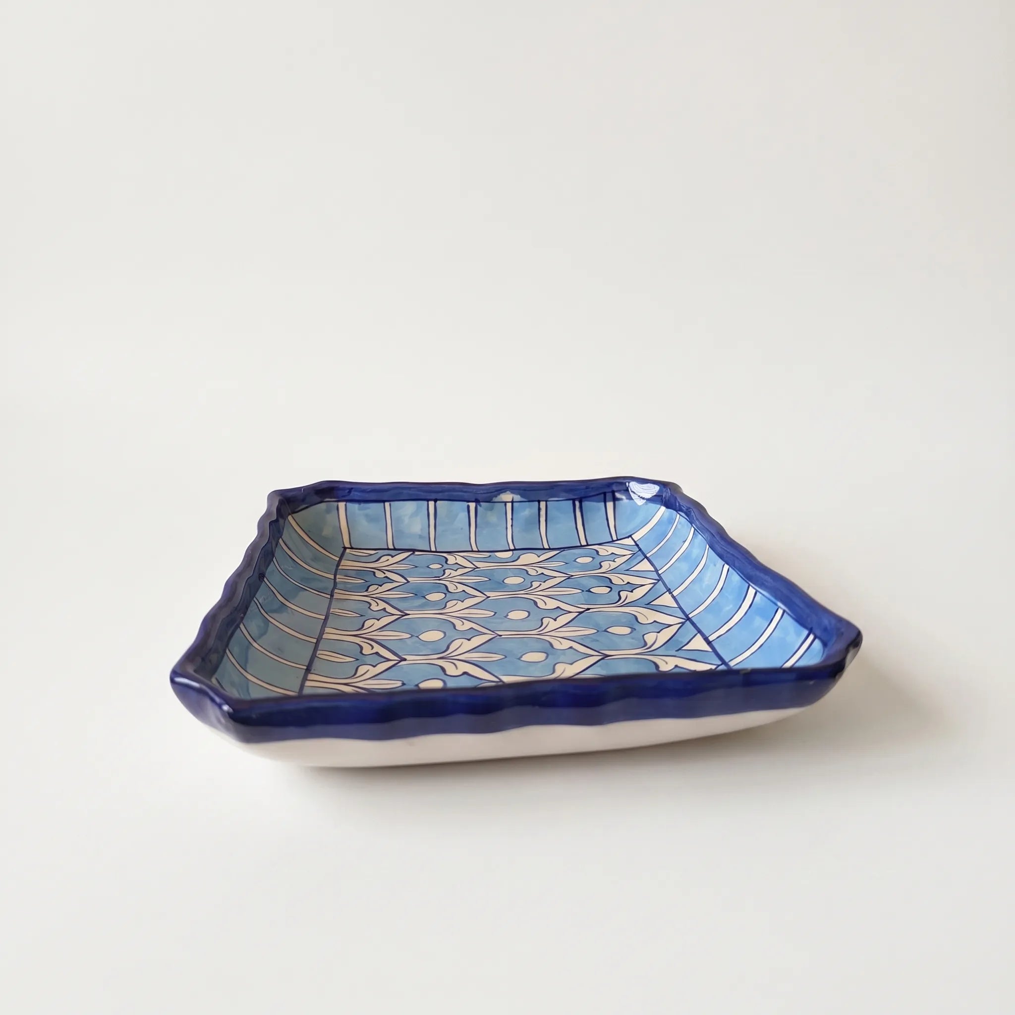 Multani Blue Pottery Square Serving Dish – Hand-Painted Ceramic Plate with Wavy Edges (8.5 Inch, Geometric Blue Design)