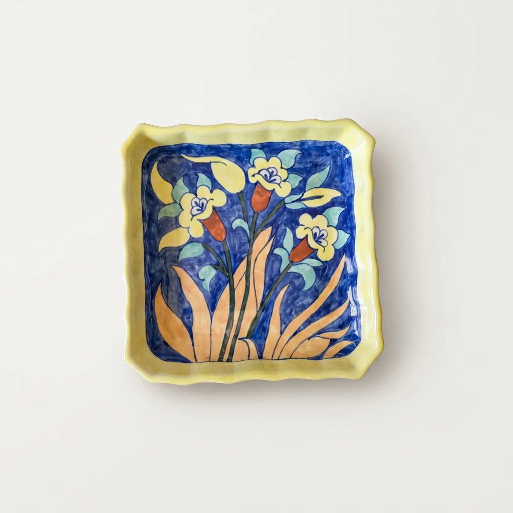 Multani Blue Pottery Square Serving Dish – Hand-Painted Ceramic Plate with Wavy Edges (7 Inch, Floral Yellow Accent)