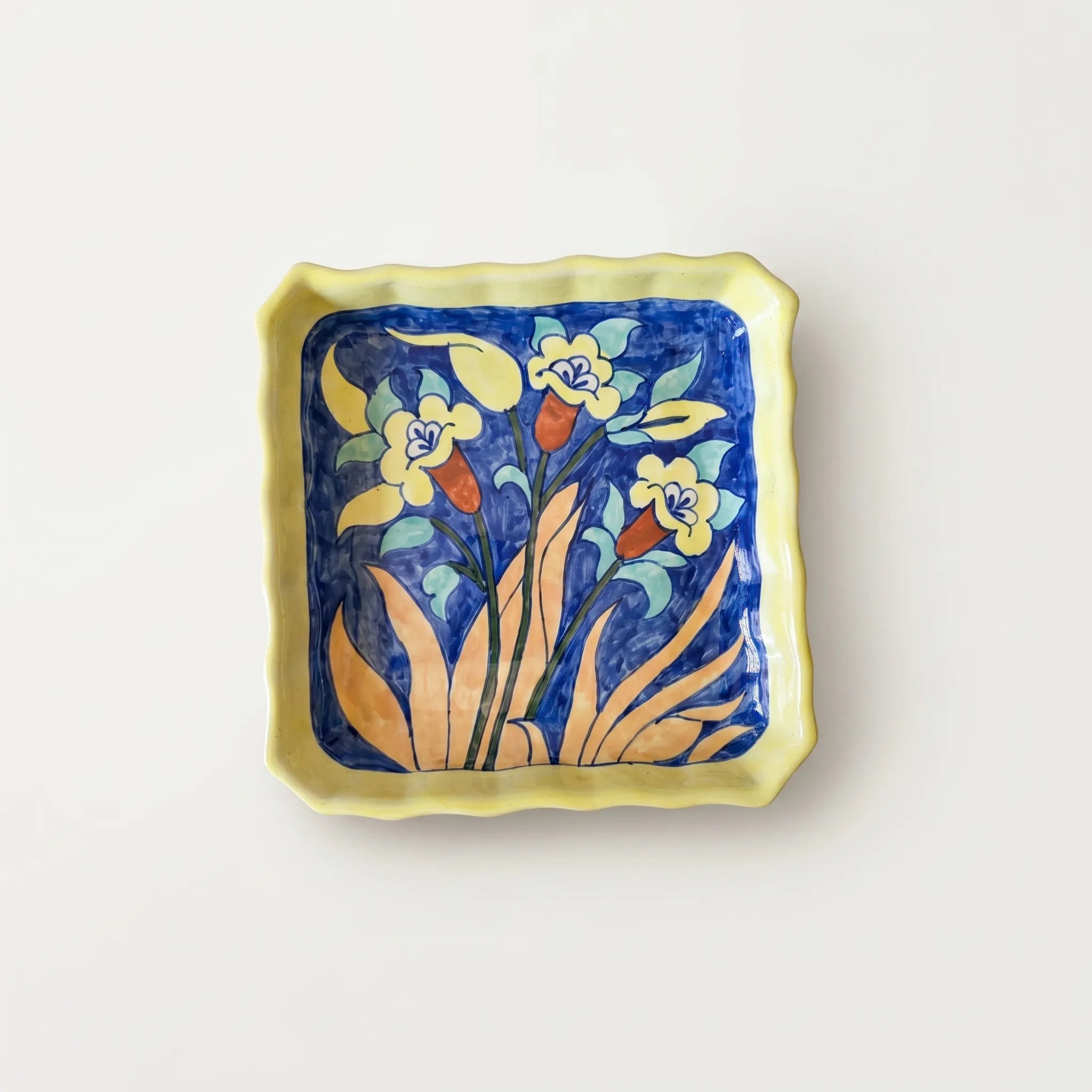Multani Blue Pottery Square Serving Dish – Hand-Painted Ceramic Plate with Wavy Edges (7 Inch, Floral Yellow Accent)