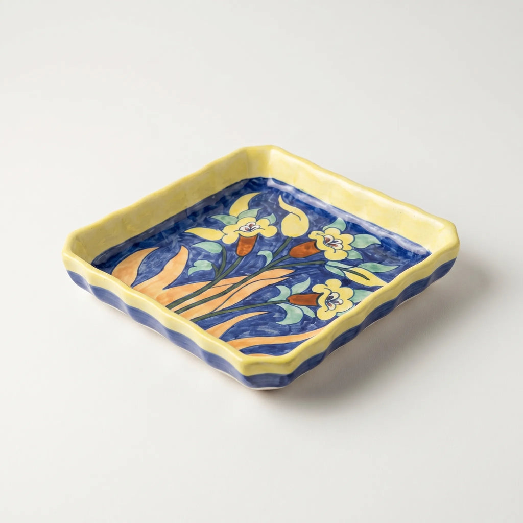 Multani Blue Pottery Square Serving Dish – Hand-Painted Ceramic Plate with Wavy Edges (7 Inch, Floral Yellow Accent)