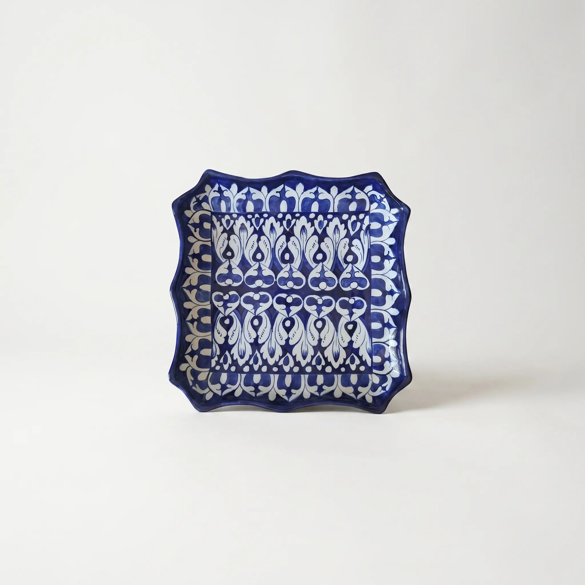 Multani Blue Pottery Square Serving Dish with Wavy Edges – Hand-Painted Ceramic Platter (10.5 Inch)