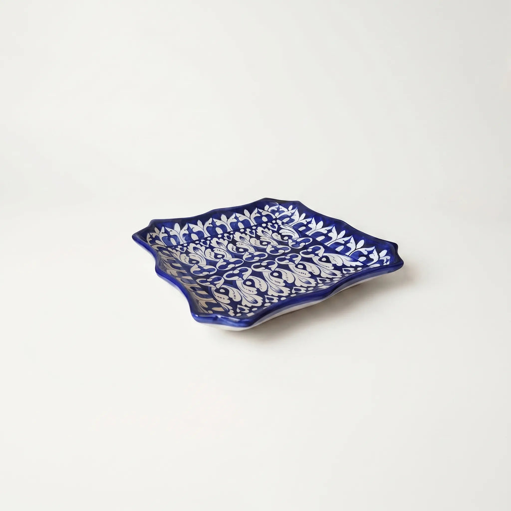 Multani Blue Pottery Square Serving Dish with Wavy Edges – Hand-Painted Ceramic Platter (10.5 Inch)