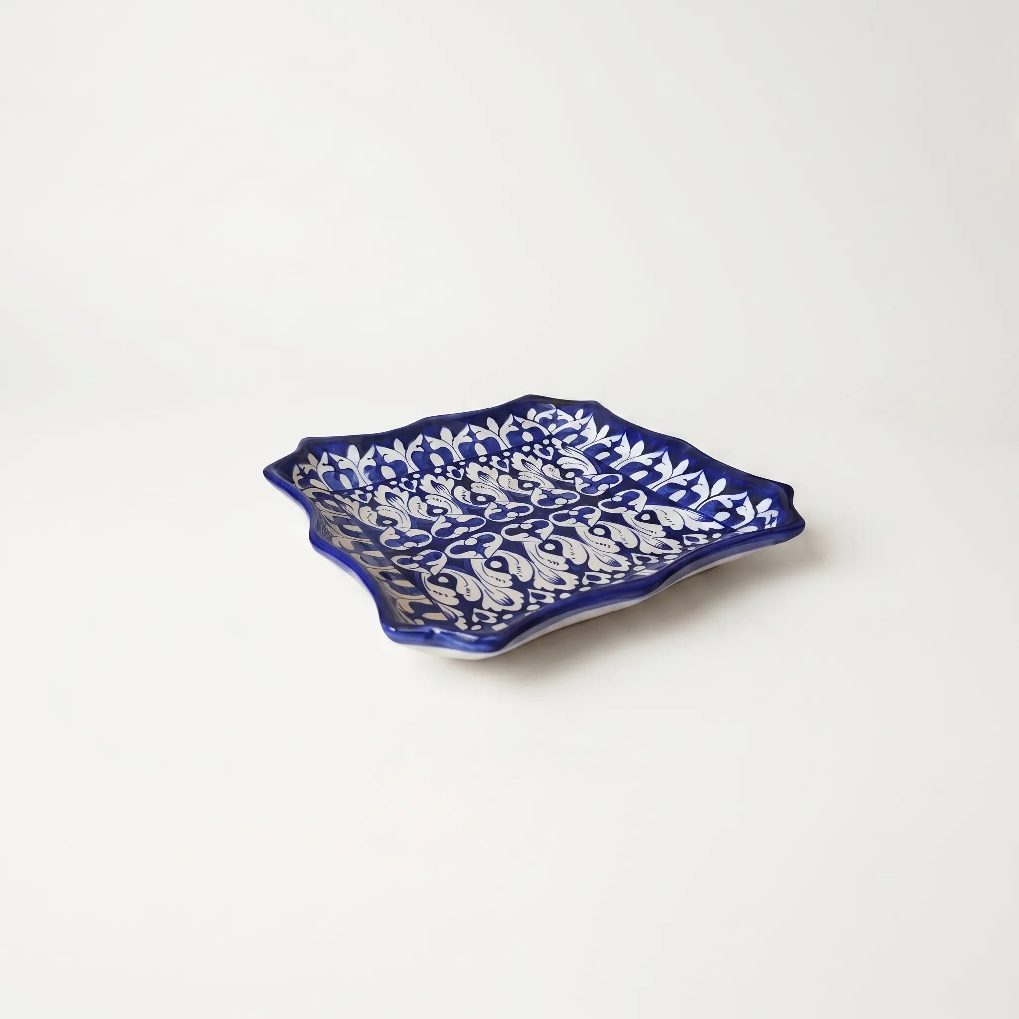 Multani Blue Pottery Square Serving Dish with Wavy Edges – Hand-Painted Ceramic Platter (10.5 Inch)
