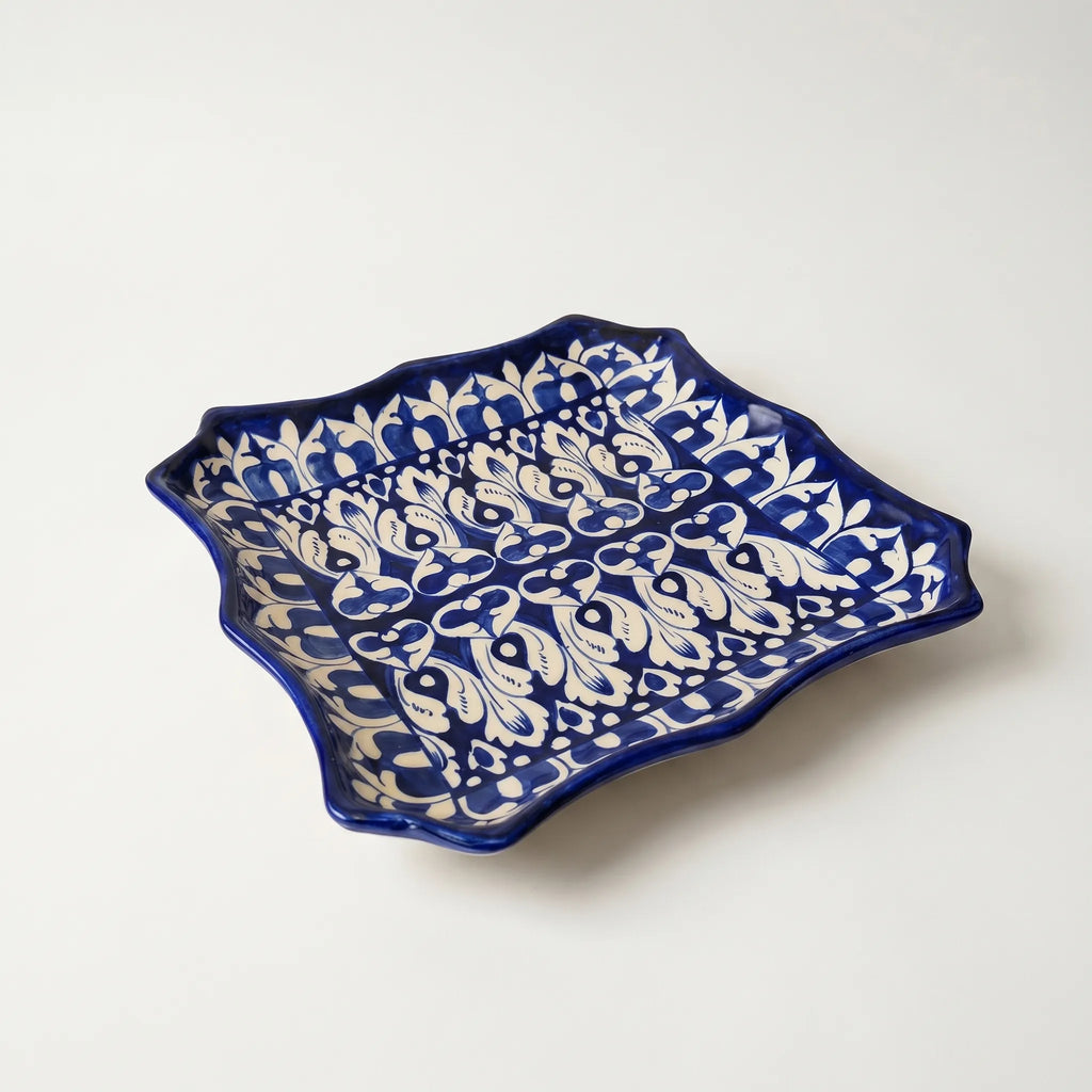 Multani Blue Pottery Square Serving Dish with Wavy Edges – Hand-Painted Ceramic Platter (10.5 Inch)