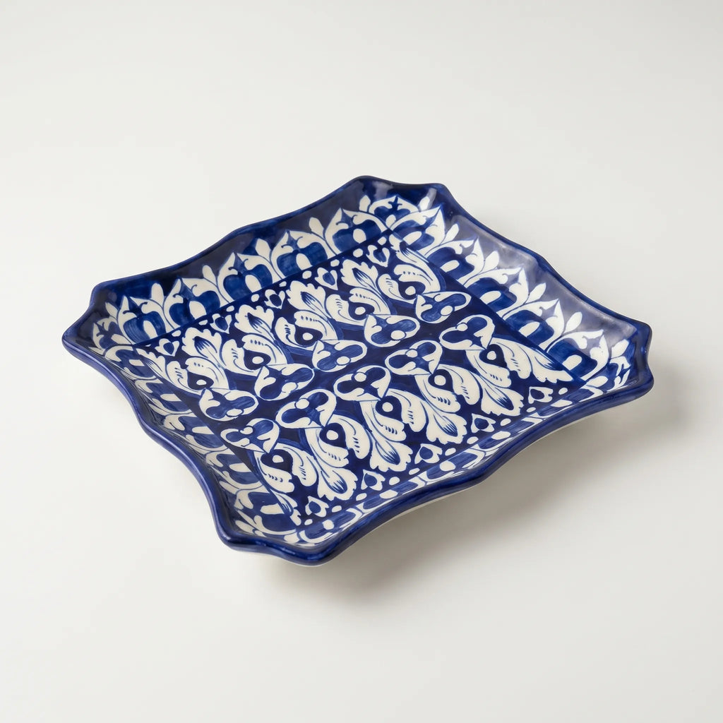 Multani Blue Pottery Square Serving Dish with Wavy Edges – Hand-Painted Ceramic Platter (10.5 Inch)