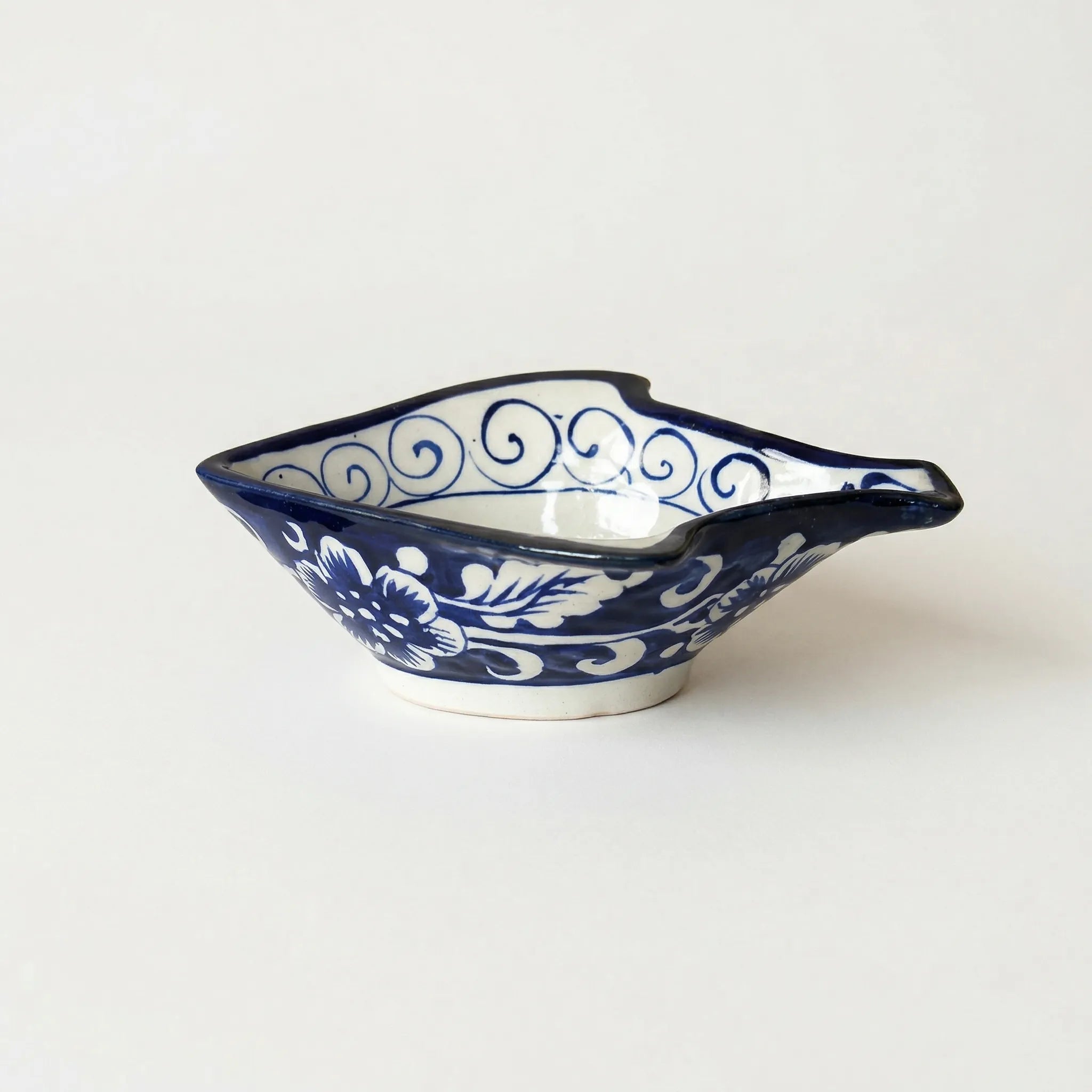 Blue Pottery Fish-Shaped Bowl - Cream Center with Blue Spirals
