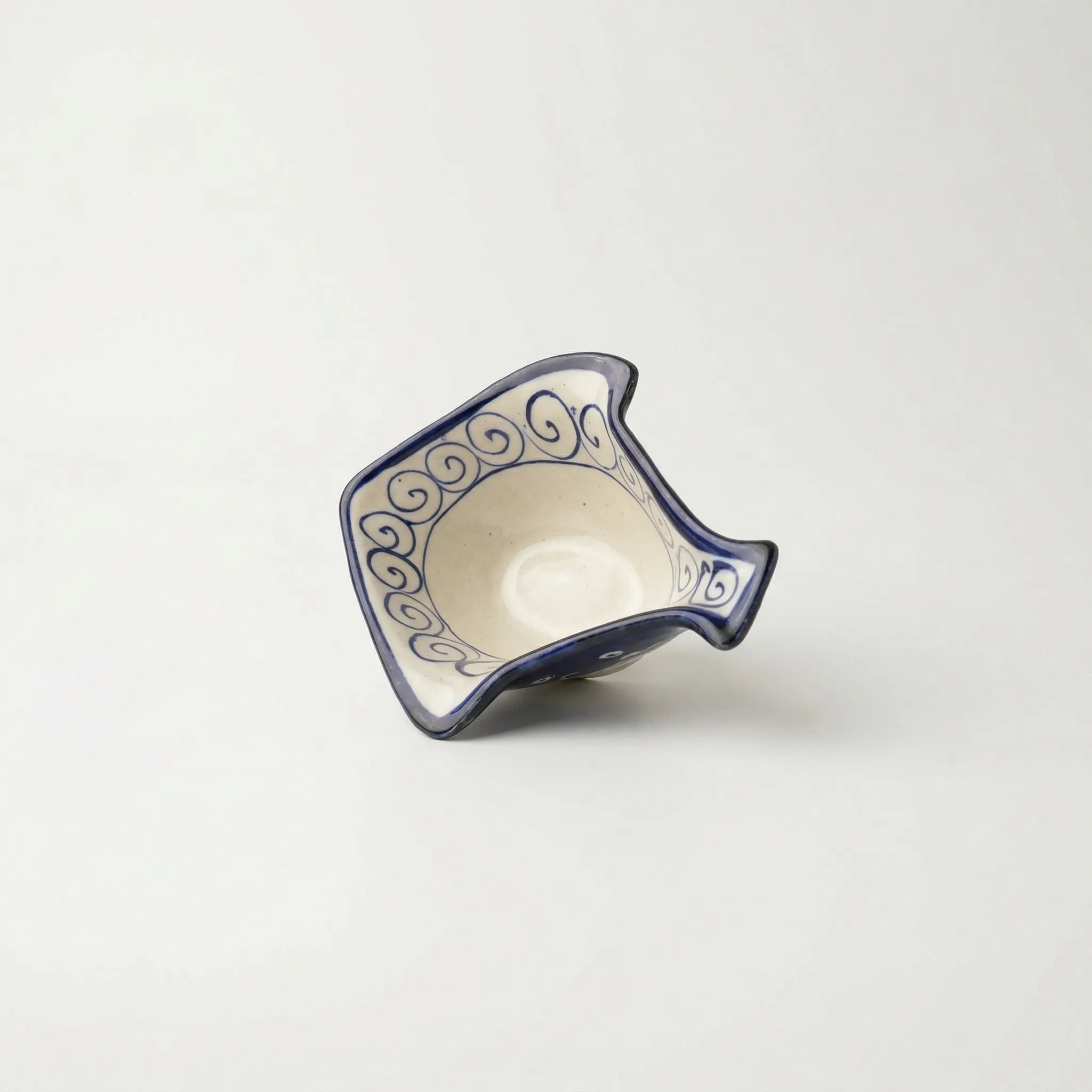 Blue Pottery Fish-Shaped Bowl - Cream Center with Blue Spirals